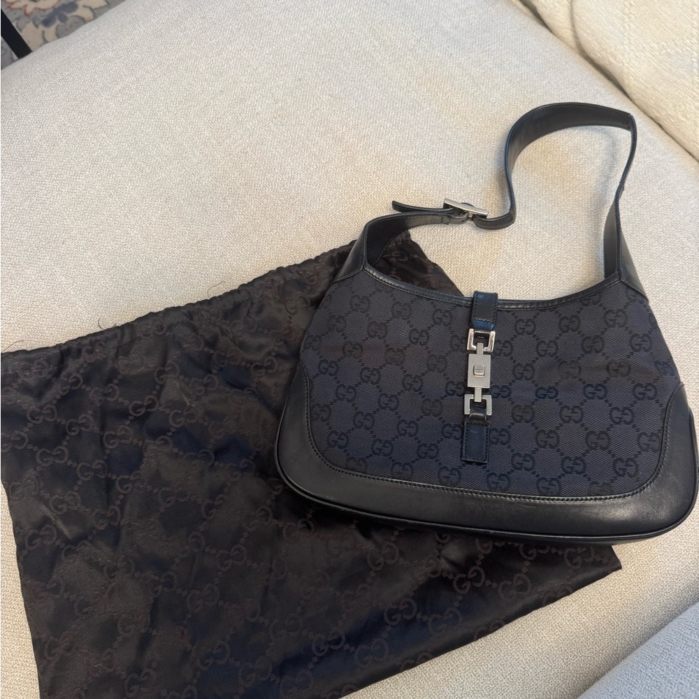 Gucci Jackie Bag Black GG Canvas Shoulder Bag Silver Hardware Vintage Authentic